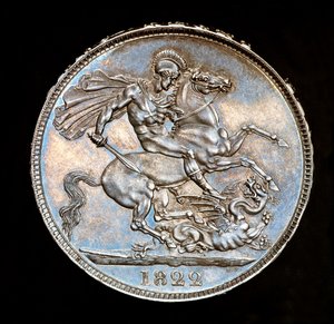 Sällsynt brittiskt mynt, Kung George IV, Proof Silver Crown, Englands skyddshelgon till häst med svärd på väg att dräpa draken, präglat av Bernedetto Pistrucci av Unbekannter Künstler