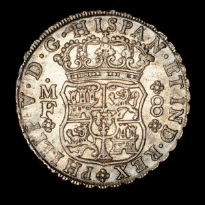 Sällsynt silvermynt, Spansk Amerika Kung Ferdinand VI, 8 Reale, Kronad sköld med Spanska Vapen 1740 (foto) av Unbekannter Künstler