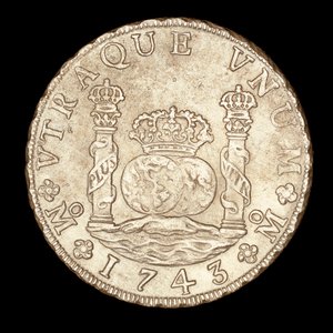 Sällsynt silvermynt, Spansk Amerika Kung Ferdinand VI, 8 Reale, Herkules pelare på Gibraltasundet med glober, krona av Unbekannter Künstler