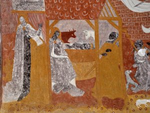 Romansk konst: Fresker i begravningskapellet Sainte Catherine de Jouhet, Vienne, Poitou-Charentes (Poitou Charentes), Frankrike. Nativit. Fotografi av Unbekannter Künstler