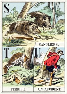 S T U : Sanglier, Terrier, Un accident - The Hunting Alphabet, c.1890 (gravyr) av Unbekannt