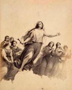 Sankta Lucia, med facklan i handen, flyger genom Empyreans firmament, omgiven av ungdomar. Illustration av Canto XXXII i Paradiso i Den gudomliga komedin av Dante Alighieri. Francesco Scaramuzzas verk tillägnat Florens kommun. av Unbekannter Künstler