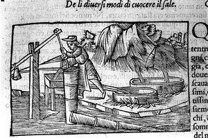 Saltproduktion: matlagning. Gravyr av Olaus Magnus (1490 - 1557), svensk religiös och geograf, "History of the Northern Nation", Venedig av Unbekannt