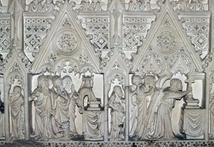 Sarcophagus o Pedro I (1320-1367) faʻatasi ai ma vaaiga mai le olaga o St Bartholomew, falesa o Alcobaca monastery (UNESCO World Heritage Listswed av Benjamin Baud