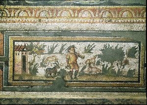 Scen av en getherde med sina getter, detalj av gränsen från en mosaikbeläggning som skildrar årstiderna och jaktscenerna, från Constantinian Villa i Daphne, Roman, c.325-330 AD (marmor, kalksten och glas) av Unbekannt