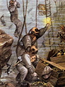 Dykare upptäcker undervattensskatt, tidigt 1900-tal (illustration) av Unbekannter Künstler