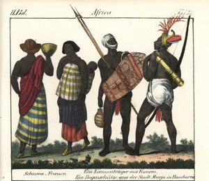 Shoua-kvinnor med en baby, ett spjut och en bågskytt från Kanem-riket (Tchad och Libyen). Litografi för boken: "Galerie complete en tableaux fideles des peuples d