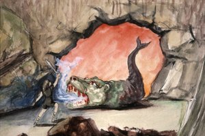 Siegfried dräper draken Fafner, sent 1800-tal (illustration) av Unbekannter Künstler