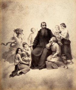 Den tronande S:t Benedictus omges av ungdomar med vetebuntar och fruktkorgar. Illustration av Canto XXXII i Paradiso i Den gudomliga komedin av Dante Alighieri. Francesco Scaramuzzas verk tillägnat Florens kommun. av Unbekannter Künstler