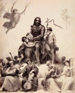 Johannes Döparen sitter, omgiven av musicerande änglar, och smeker ett lamm på dess huvud. Illustration av Canto XXXII i Paradiso i Den gudomliga komedin av Dante Alighieri. Francesco Scaramuzzas verk tillägnat Florens kommun. av Unbekannter Künstler