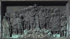 Strasbourg, Basrelief av skulpturen av Gutenberg. Europa av William M. Timlin