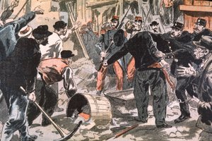Kamp mellan bretonska grevister och polisstyrkor på en byggarbetsplats, Paris, tidigt 1900-tal (gravyr) av Unbekannter Künstler