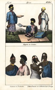 Sudanesiska kvinnor i randig klänning. Nedan demmes från Timbuktu (Mali) och Tibbo-kvinnor från Sahara. Litografi för boken: "Galerie complete en tableaux fideles des peuples d