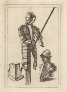 Dräkt av lutande rustning med stor vakt och lansstöd från Tower of London 1, hjälm och stor vakt 2, bröststycke av en kurass 3 av Unbekannt
