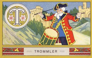 T : Trummis - Alphabet Palmin. Serie av kromolitografier redigerade av H. Schlinck & Cie, Hamburg, sid. d. . Annons för Palmins finaste kokosfett. Mått: 7 x 11 cm av William M. Timlin