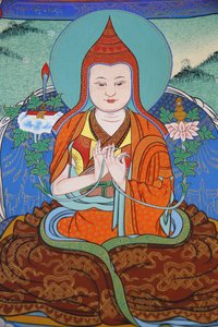 De tusen Buddhas tempel Dashang Kagyu Ling församling Jamgon Kongtrul Lodroe Thaye Monk ber, La Boulaye, Frankrike av Unbekannt