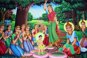 Tempelmålning som visar Buddha som en baby. Kambodja av Unbekannt