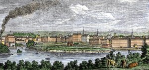 Textilfabriker längs floderna Merrimack (Merrimac) och Concord, Lowell, Massachusetts, USA på 1830-talet. Kolorerad gravyr från 1800-talet. av Unbekannter Künstler