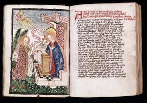 Bebådelsen, illustration från en "Timmarsbok" (vellum) av Unbekannt