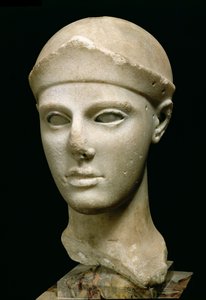 Athena från Aegina, bär hjälm, huvudet av en staty, grekiska, Aeginetan, c.460 f.Kr. (marmor) av Unbekannt
