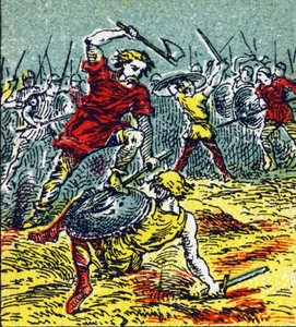 Slaget vid Vouille där Clovis I besegrade visigoterna 507. Gravyr i "Histoire de France". Serie reklambilder publicerade på uppdrag av Louit, 24 rue d