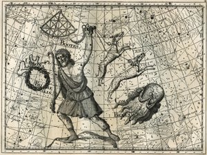Bower, Boreal Crown, jakthundarna, Berenices hår. Gravyr från Camille Flammarions "The Stars and Other Curiosities of the Sky" av Unbekannt