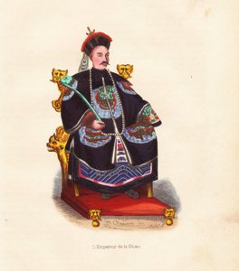 Kejsaren av Kina i broderad dräkt och hatt med påfågelfjäder sittande på sin tron. Handkolorerat träsnitt av Mercier efter en illustration av Pannemaker från Auguste Wahlens "Mores, Uses et Costumes de tous les Peuples du Monde", Librairie Hist av Unbekannter Künstler