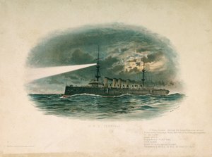 HMS "Terrible", en förstaklasskryssare, byggd av Barrow in Furness Shipbuilding and Arms Company 1897. Kromolitografi i slutet av 1800-talet, av W.S. Tomkin (). av Unbekannter Künstler