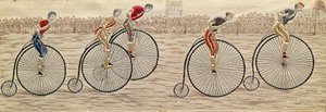 The Last Lap, Penny Farthing Race vävt silke Stevengraph, av Thomas Stevens från Coventry av Unbekannter Künstler