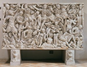 Ludovisi-sarkofagen med högreliefrepresentation av romarna som kämpar mot barbarerna, 250-80 e.Kr. (marmor) av Unbekannt