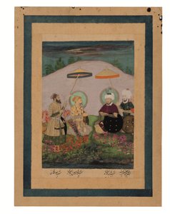 Mughal-kejsaren Shah Jahan med sin förfader Timur (gouache med guld på papper) av Unbekannter Künstler
