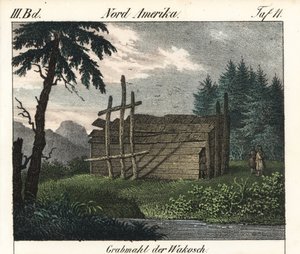 Wakashan-indianernas trägrav (Kanada). Litografi för boken: "Galerie complete en tableaux fideles des peuples d