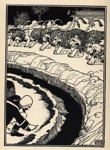 Baronen försvarar sig från angrepp av lejon genom att sätta eld på krut. Illustration av William Strang (1859-1921) och JB Clark från "The Adventures of the Baron of Munchausen (Munchhausen) av Rudolf Erich Raspe (1736-1794) (1789) av Unbekannt