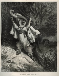 Stövelkatten ropar på hjälp. Gravyr av Gustave Dore (1832-1883) från "" Les contes"" av Charles Perrault (1628-1703) av Unbekannt