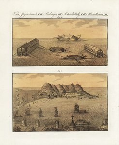 Den brittiska arméns flytande batterier i Gibraltar 1782. En pråm med 210 kanoner på två nivåer och en annan pråm med en nivå som konstruerats av den franske ingenjören Arcon för att bomba staden. Den brittiska flottans flytande batterier i Gibraltar av Unbekannter Künstler