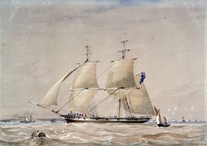 Segelbåten HMS "Rolla", först sedd till havs. Akvarell förstärkt med vitt av Unbekannter Künstler