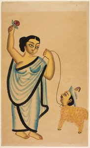 Fårälskaren: en kurtisan som håller en ros i sin högra hand och leder ett får med människohuvud, ca 1865 (bläck & färg på papper) av Unbekannter Künstler