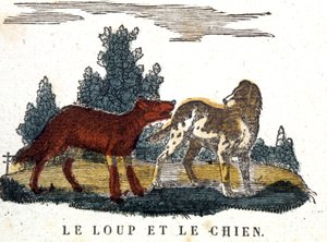 Vargen och hunden, La Fontaines saga, tidigt 1800-tal (gravyr) av Unbekannter Künstler