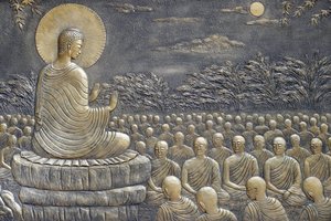 Tinh Xa Ngoc Chau buddhistiska tempel, Buddhas liv, Siddhartha Gautama, Buddha med lärjungar, undervisning, Buddha uppmanade sina första sextio Arahant-lärjungar att gå i olika riktningar för att predika läran,   Chau Doc, Vietnam, 2018 (pho av Unbekannt