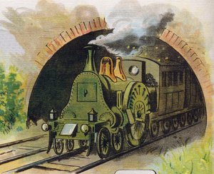 Tåg som lämnar en tunnel. Gravyr i "ABC L