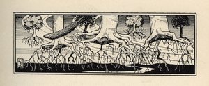 Träd deraciner av en storm planterar om sina rötter till den exakta platsen där de var. Illustration av William Strang (1859-1921) och JB Clark från "The Adventures of the Baron of Munchausen (Munchhausen) av Rudolf Erich Raspe (1736-1794) (1789) av Unbekannt