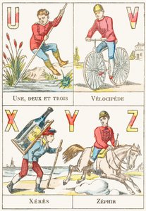 UVXYZ; U: Ett, två och tre; V: Velocipede; X: sherry; Z: Zephir - Spelalfabetet, ca 1890 (gravyr) av Unbekannt