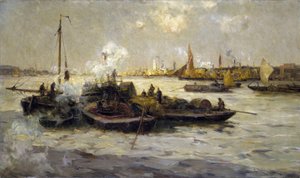 Vy över Limehouse, England, med en beskrivning av industrialiseringen av Themsen i slutet av den viktorianska eran (slutet av 1800-talet) och av bogserbåtar, skärare och pråmar, i bakgrunden det vita tornet Saint George av Unbekannter Künstler