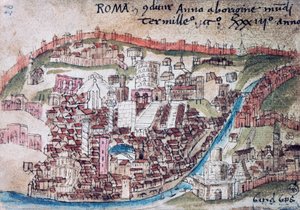 Vy över Rom, detalj, akvarellkopia av karta av Leonardo Besozzo, Italien