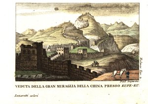 Utsikt över Kinesiska muren nära Kou-Pee-Keow, vid passet mellan Kina och östra Tartariet. Från Samuel Holmes (1700-1900-talet) Journal of a Voyage to China and Tartary. Kopparstick av dell