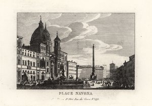 Utsikt över Piazza Navona, med fontänen, den egyptiska obelisken och kyrkan Sant