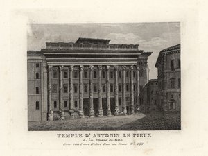 Utsikt över Hadrianus tempel, Templum Divus Hadrianus, med 11 kolonner dedikerade av hans adoptivson Antoninus Pius, Temple d