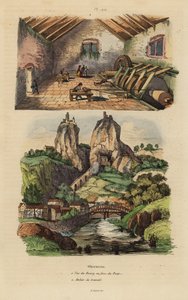 Utsikt över staden, bron och klippkyrkan vid Oberstein 1, och utsikt över polerverket för agat och jaspis ädelsten 2 av Unbekannt