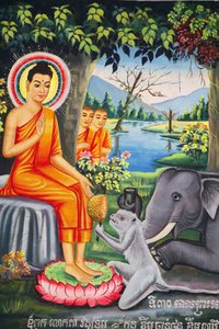 Väggmålning i Wat Pitchey Udong: Scen från Buddhas liv. Buddha matades av en apa medan han fastade Kampot Cambodge av Unbekannt