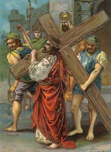 Korsets väg - via crucis - Korsets stationer: andra stationen, Jesus bär sitt kors Kromolitografi Privat samling